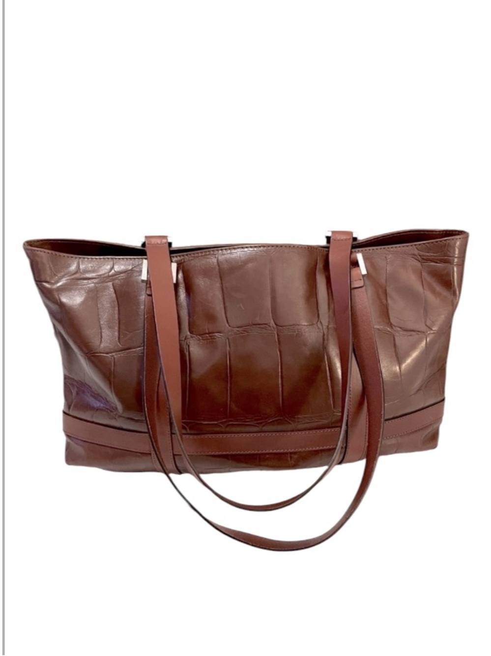 Falor Croc Embossed Two Tone Brown Leather Italy Two Handle Tote Bag Purse